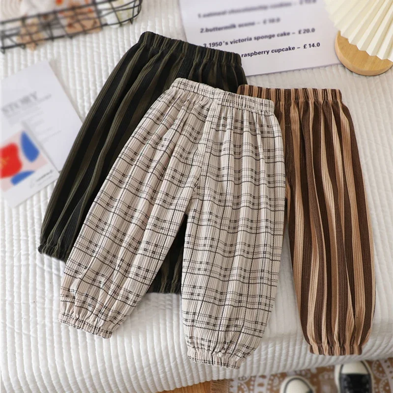 Retro Stripe Solid Color Long Pants for Kids Boys Girls Spring Autumn Teens Trousers Child Casual Pants Gyms Workout Track Pants