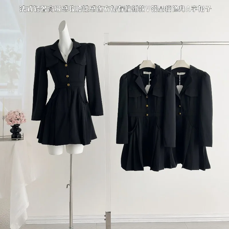 新作高級秋スーツドレス レディース ハイエンド エレガント スリムウエスト ラペル 長袖 ファッション Aライン プリーツ ミニドレス オフィスレディー