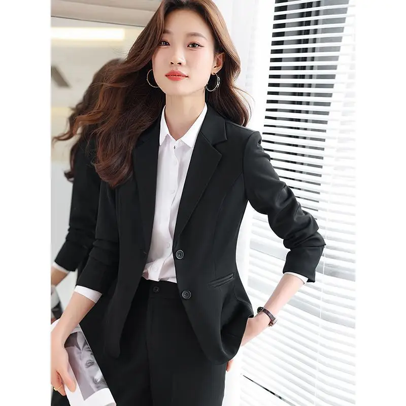 Setelan Blazer Wanita untuk Wawancara Formal, Pakaian Kerja Resepsionis, atau Detail Kancing Lengan Panjang, Produksi Cina