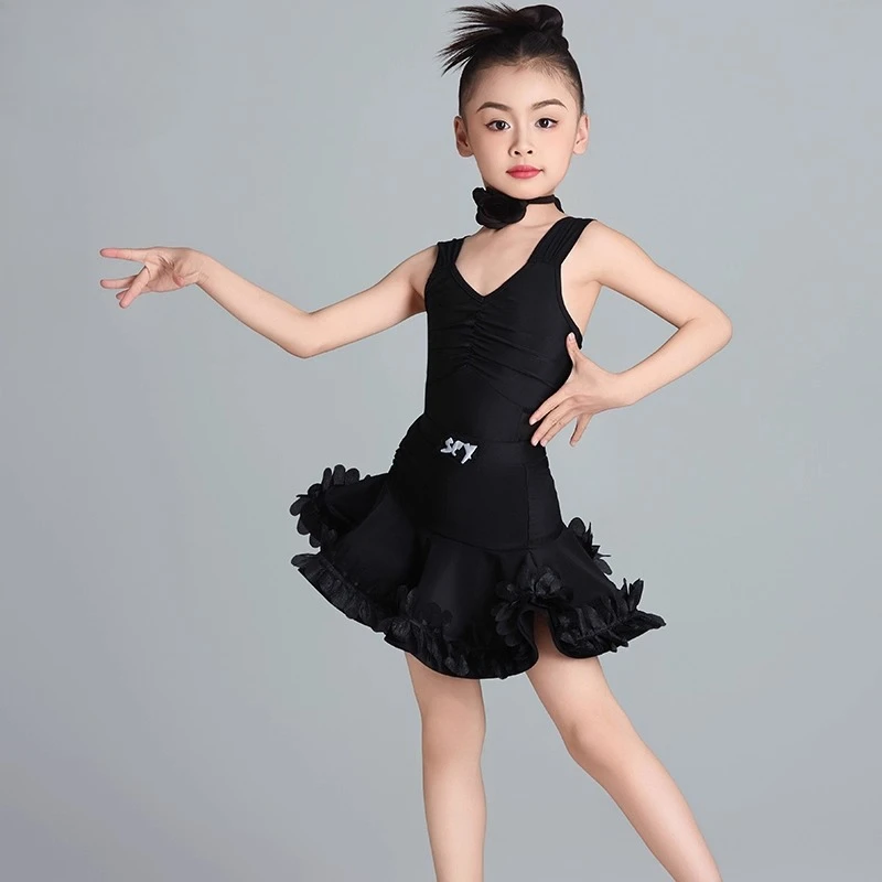 Costume de danse latine pour enfants, cha-cha, pour filles, jupe licou d'été, ensemble élégant de performance noir, nouvelle collection 2025