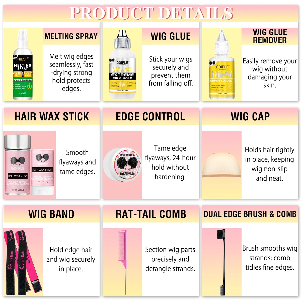 GOIPLE Lace Wig Installation Kit with Electric Hot Comb, Ionic Hot Comb for Wigs, Strong Hold Lace Wig Glue, Adhesive Remover, Melting Spray, Wax Stick & Edge Control Set