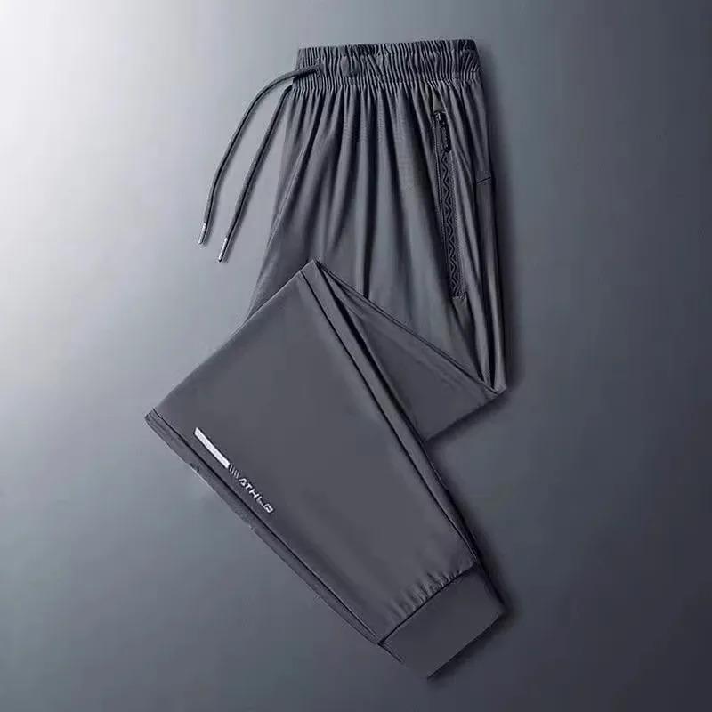 بنطلون رياضي رجالي فضفاض من الحرير الجليدي، سريع الجفاف، خفيف، طويل، غير رسمي، مناسب للعمل، مقاوم للأوساخ، مستقيم الساقين