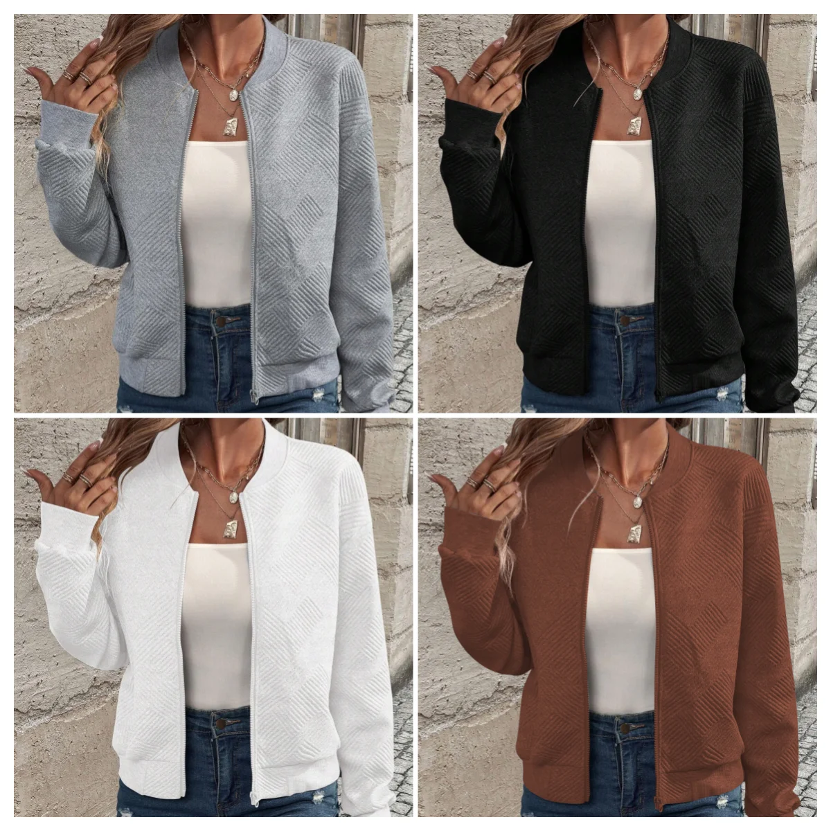 Women's Autumn Winter Fashion Jacket Solid Color Zipper Round Neck Long Sleeve Loose Jacket Elegant Commuter Women's Top