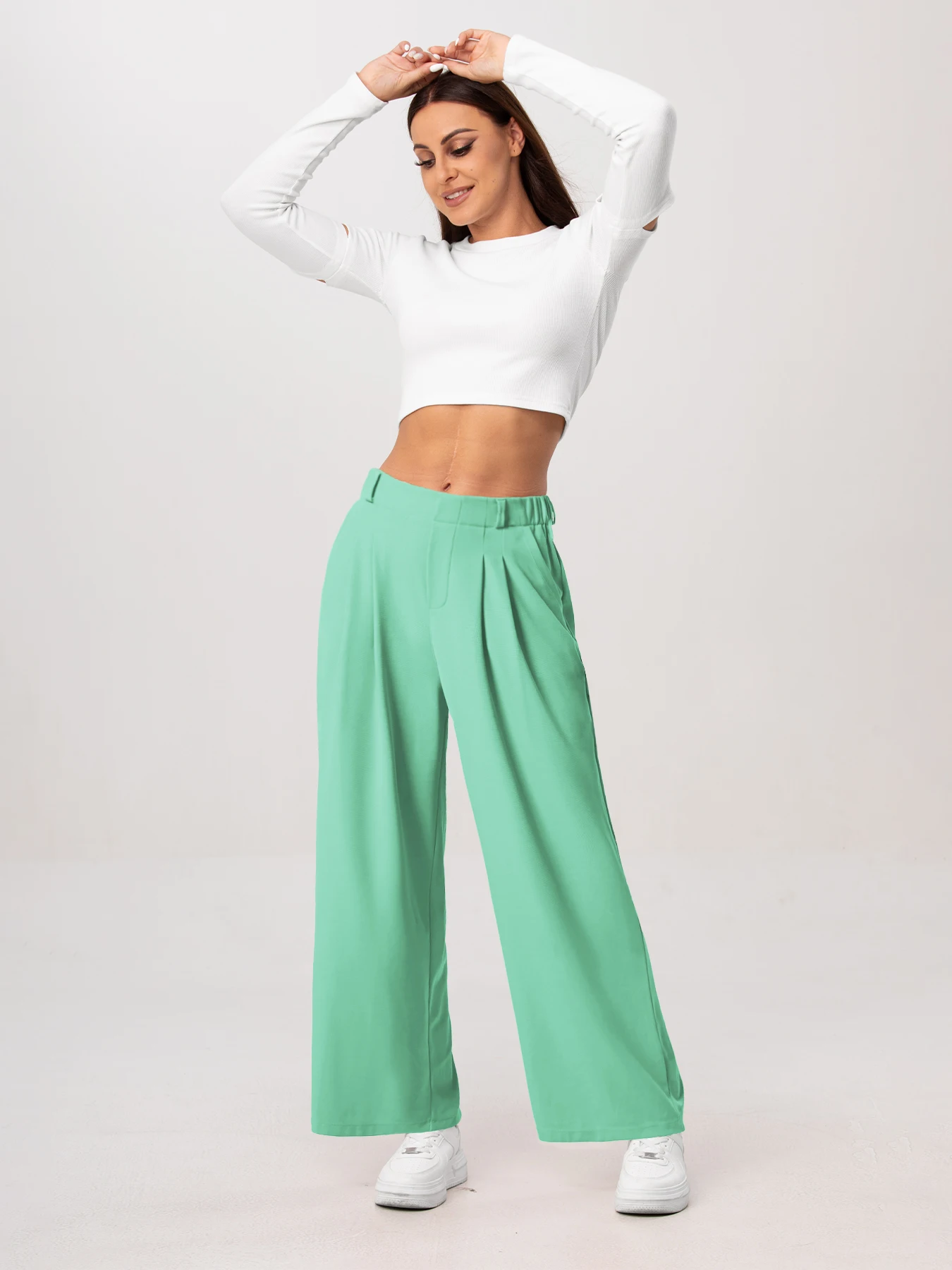 Damenhose, karierte, figurbetonte Hose mit weitem Bein und Taschen, hochtaillierte, lässige, figurbetonte Hose mit weitem Bein für Damen. – Detail 15