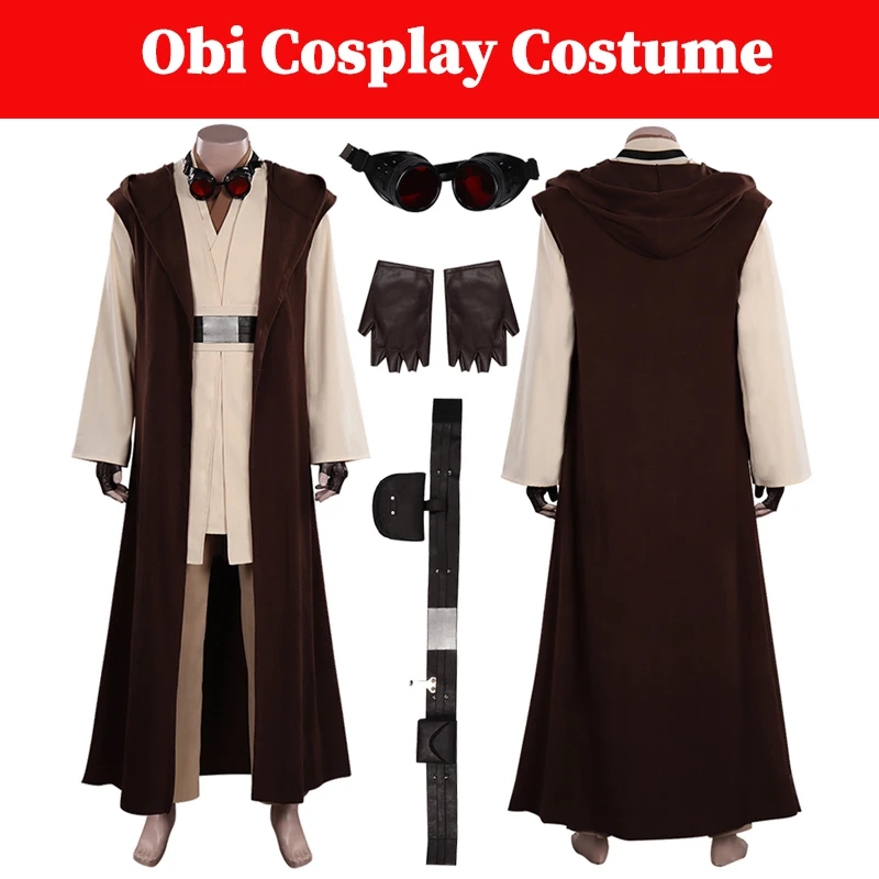 

Obi Wan Cosplay Men Glassess Costume Movie Space Battle Disguise Cloak Gloves Belt Outfits Male Halloween Carnival Party Suit