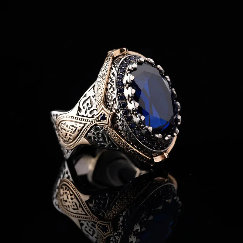 Exquisite Luxury Two Tone Inlaid Blue Zircon Men Ring Holiday Party Anniversary Jewelry Gift for Boyfriend