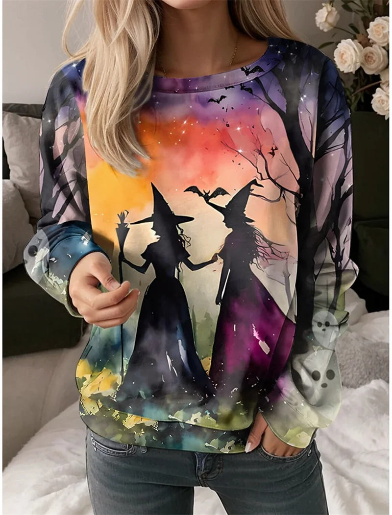 2024 Autumn and Winter New Women\'s Round Neck Long Sleeve T-shirt Halloween 3D Printed Casual Tops