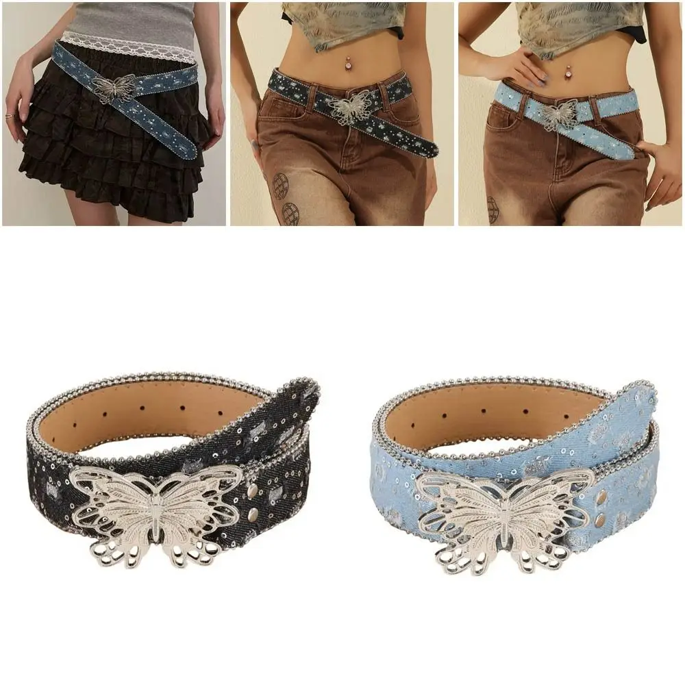 

New Sequins Hip Hop Punk Belt Butterfly Alloy Retro Fashion Belt Denim Patchwork Wide Edge Waist Belt