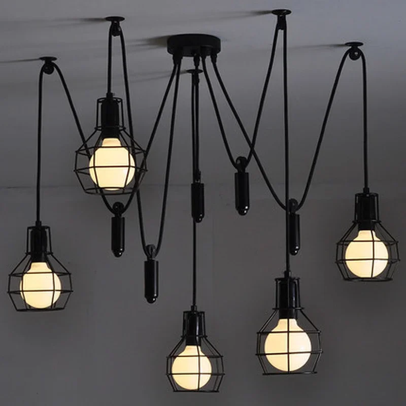 Fashion New Industrial Country Style Iron Frame Pendant Lights Art Spider Suspension Lamp 5 lights pulley function adjustment