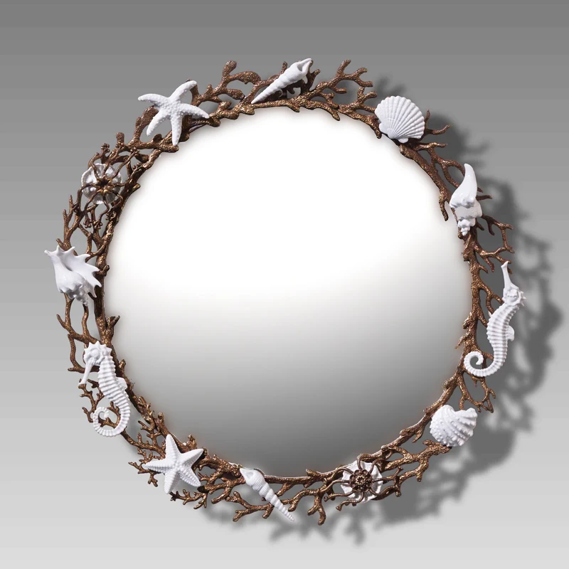 Home high-end wall decoration porch background wall hanging mirror round wall decoration engraving copper edge ocean world aisle