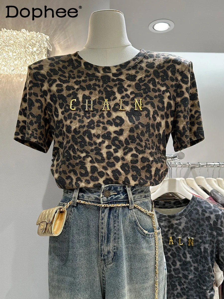 American Retro Leopard Print Sexy Girl Short Bottoming Shirt 2024 Autumn and Winter New Short-sleeved T-shirt Women's Tops