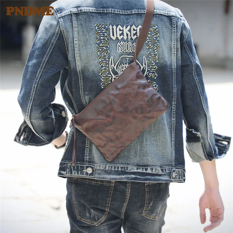 PNDME Vintage Genuine Leather Multifunctional Clutch Bag Fashion Simple Light Natural Real Cowhide Small Shoulder Messenger Bag