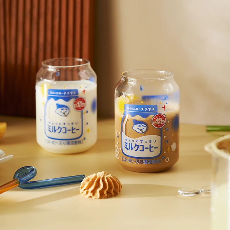 2/4/6Pcs Kawai Japanese Cute Yogurt Jun Can Glass Cups Heat-resistant Milk Cups Iced Coffee Water Glasses Mug With StraightStraw