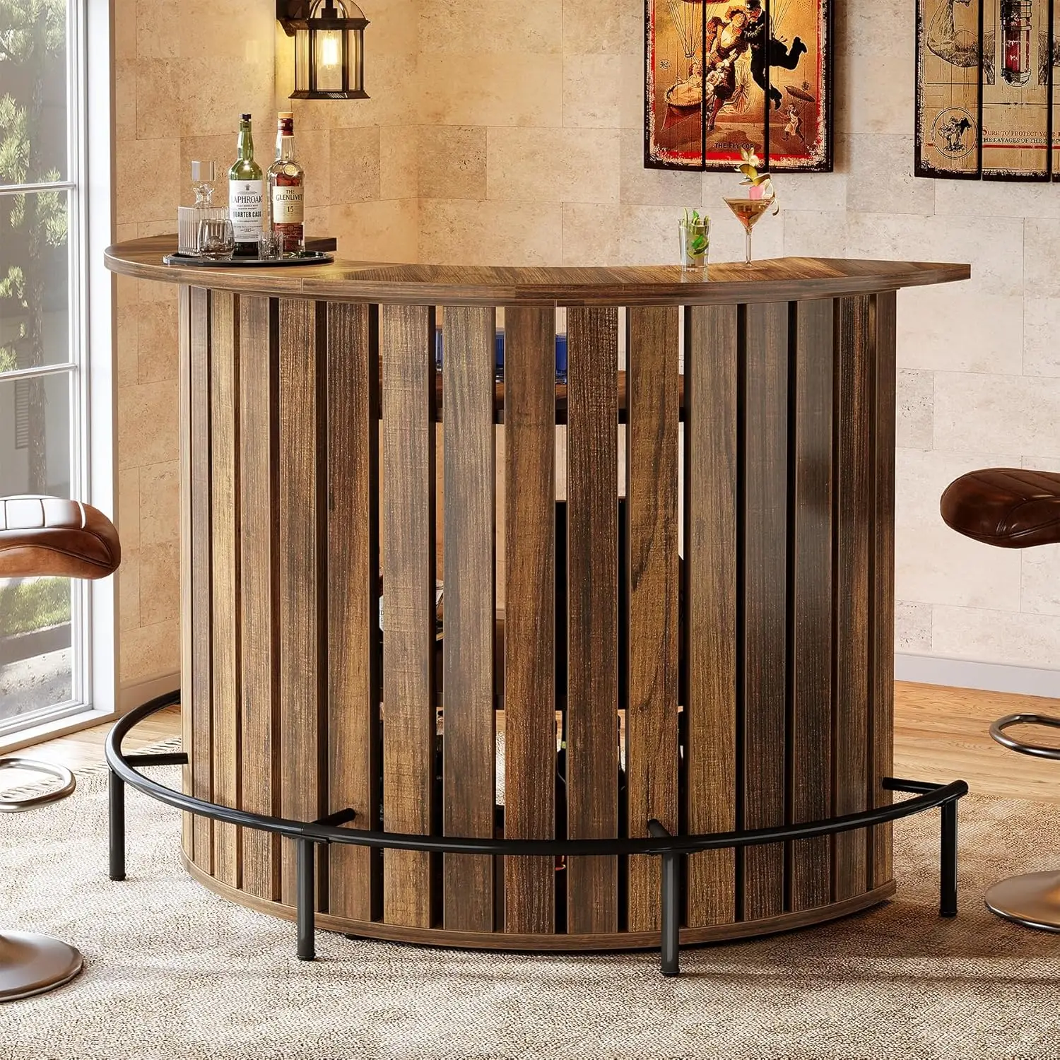 

4 Tier Bar Table 47 24 Mini Home Bar Table with Footrest Arc Shaped Modern Bar Cabinet for Home Living Room Rustic Brown