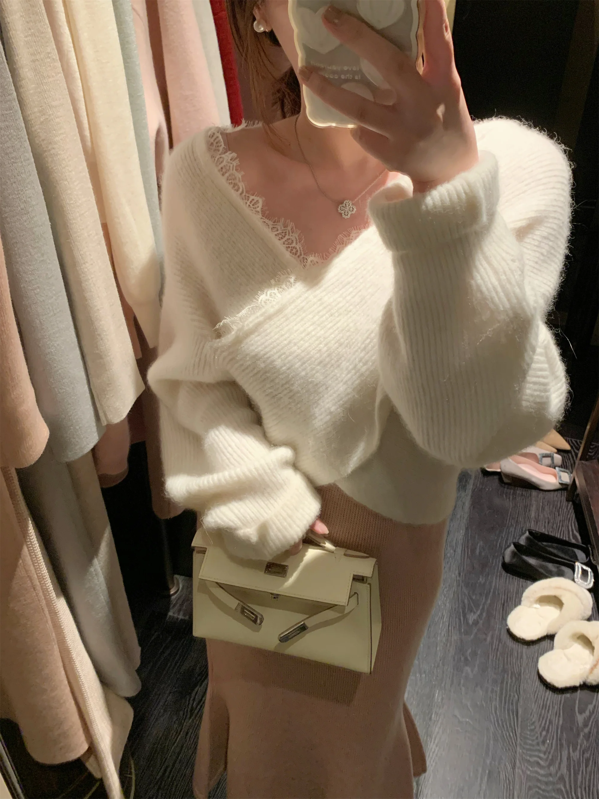 

Мягкий свитер из шерсти альпака с кружевом, женский, осенне-зимний, дизайнерский, приталенный, нежный, вязаный, модный