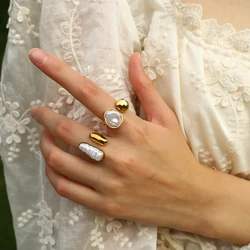 WILD & FREE Unique Irregular Pearl Stainless Steel Rings for Women Individual Retro 18K Gold Plated Jewelry Waterproof