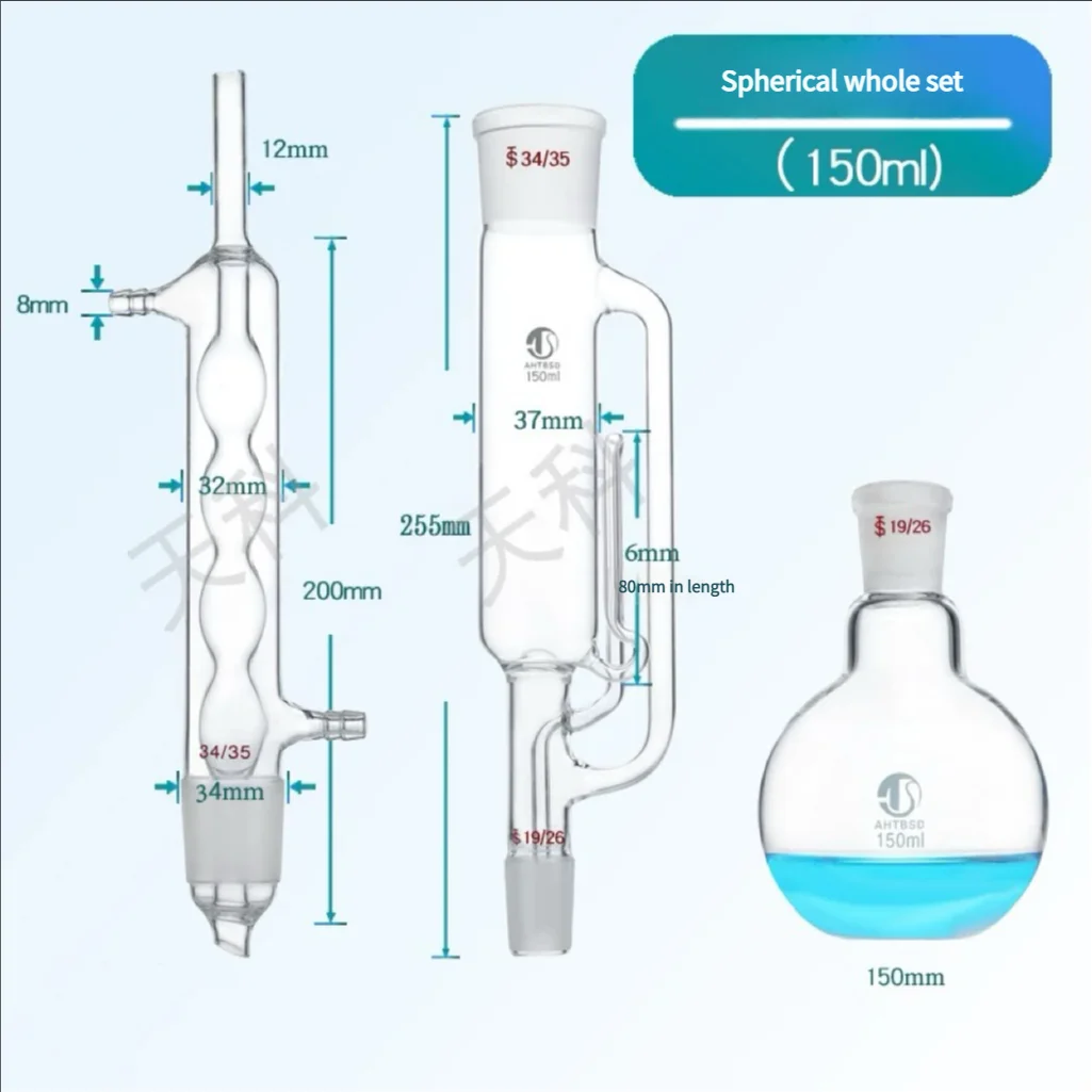 150/250/500ml Lab Glass Soxhlet Extractor Condenser And Extractor Body, Lab Glassware, Set Spherical Snake Shaped Fat Extractor