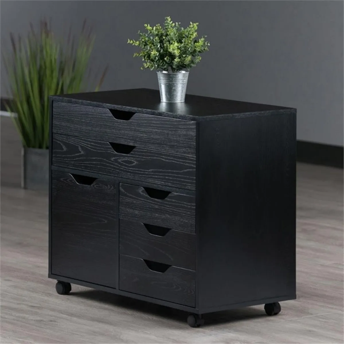 Wood Halifax Wide Storage Cabinet, 3-Small with 2-Wide Drawers, Black