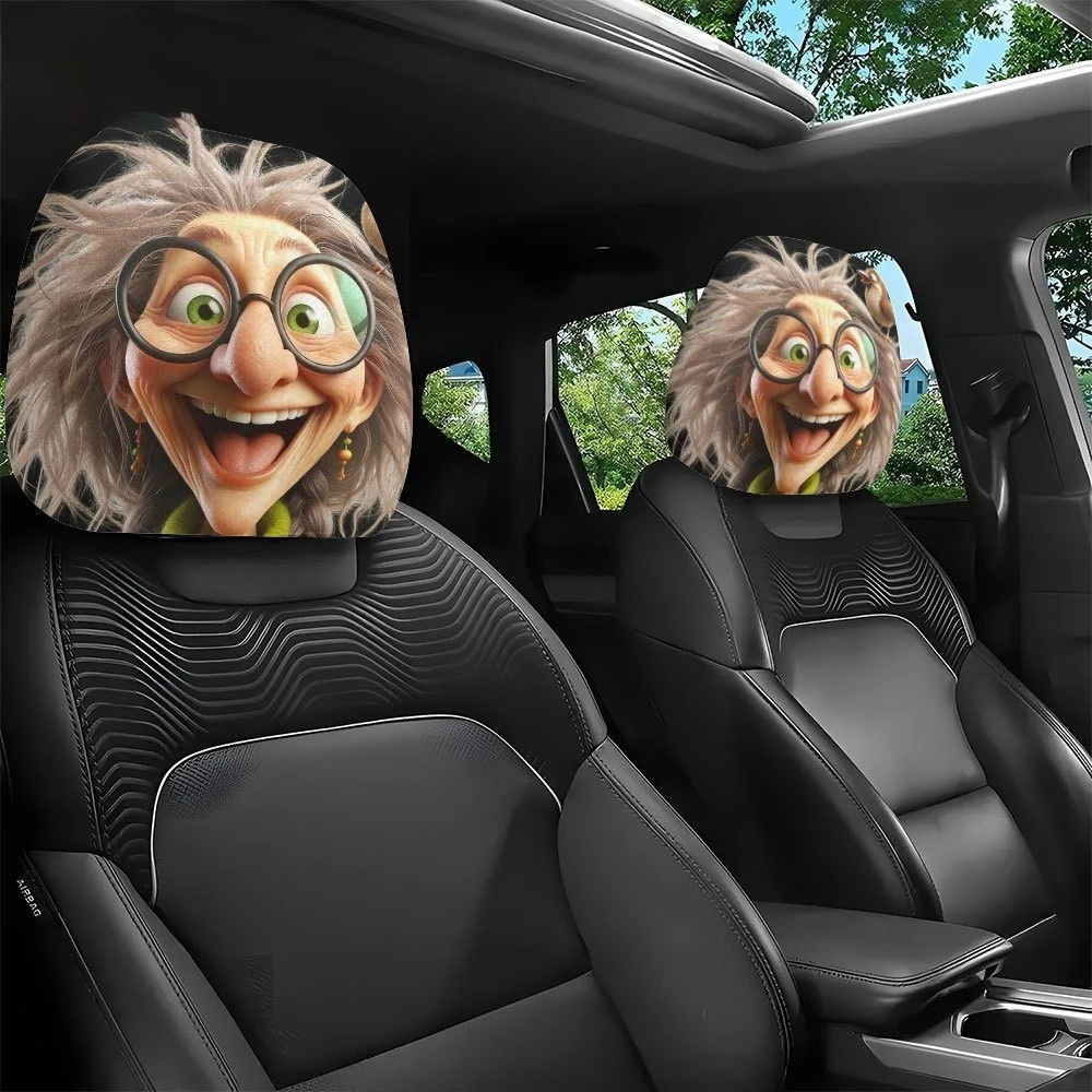 Cartoon Old Lady with Bird Headrest Cover, Easy To Install & Wash, Essential Car Headrest Cover