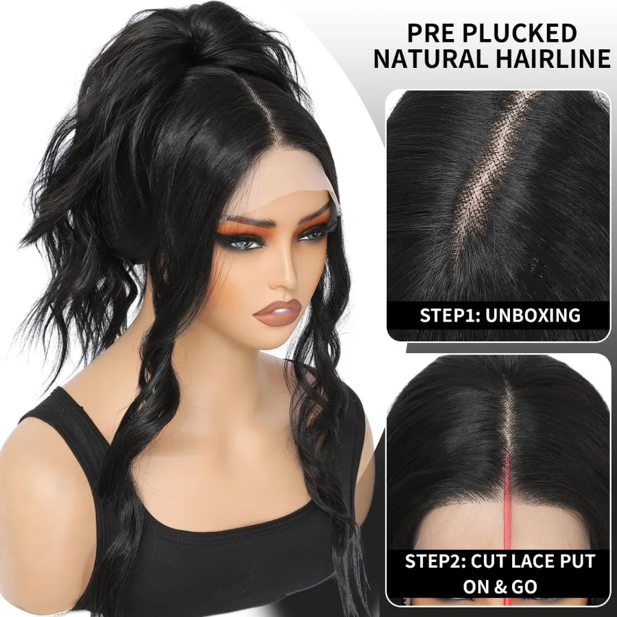 باروكة أمامية من الدانتيل الاصطناعي منتفخة مسبقًا جاهزة للارتداء 13x4x1 شعر مستعار مموج طبيعي للنساء شعر مستعار طويل من الجزء الأوسط بديل شعر صناعي #4