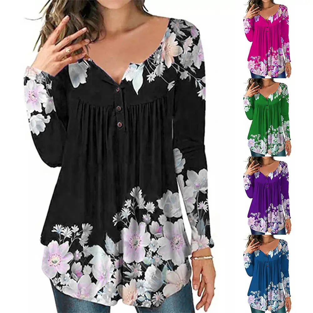 Women\'s Autumn Winter Fashion Floral V Neck Tunic Tops Ladies Long Sleeve Casual Loose Blouse T-Shirt Clothing 2023