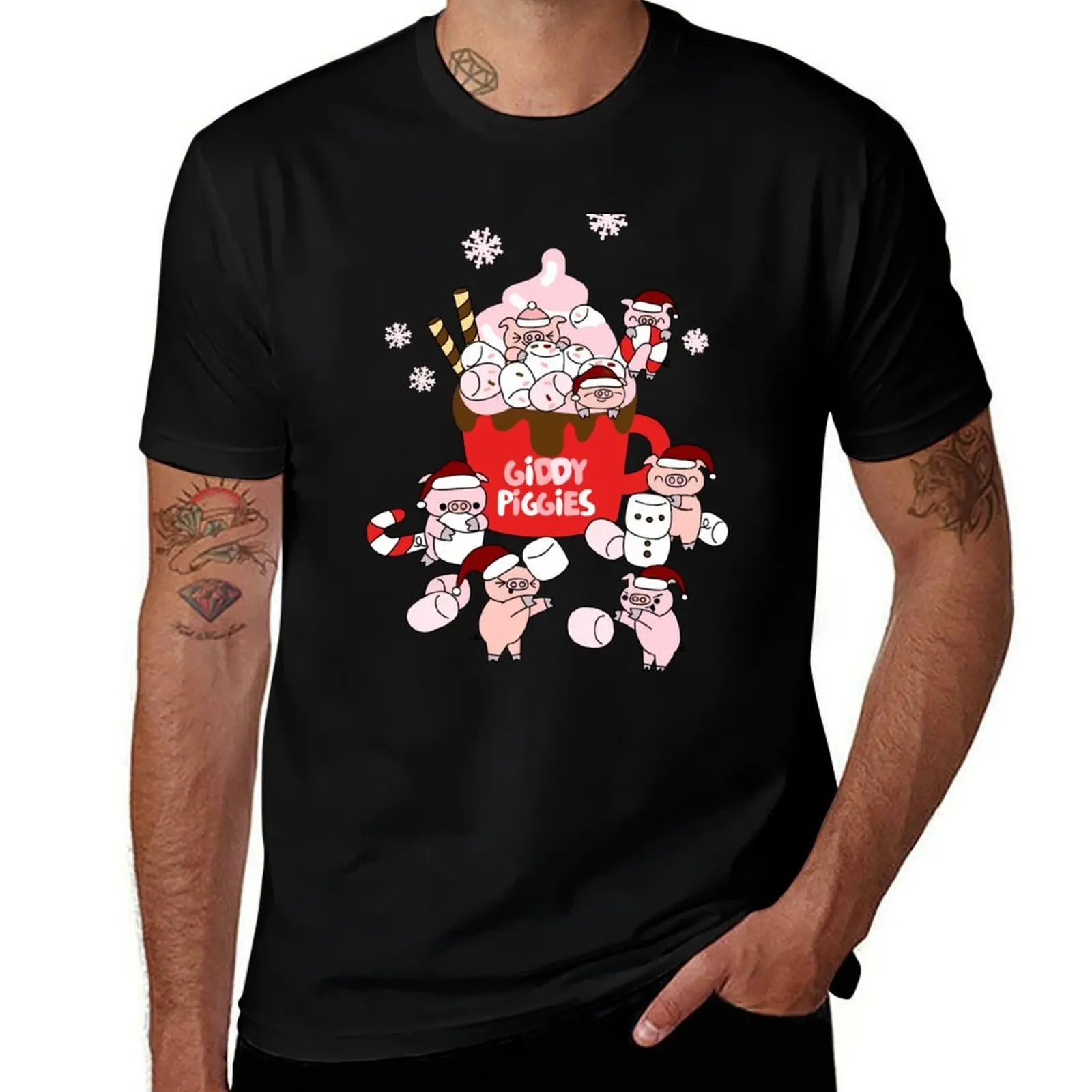 Giddy Piggies Holiday Hot Cocoa T-Shirt Functional Casual Short Sleeve Tee T-Shirt