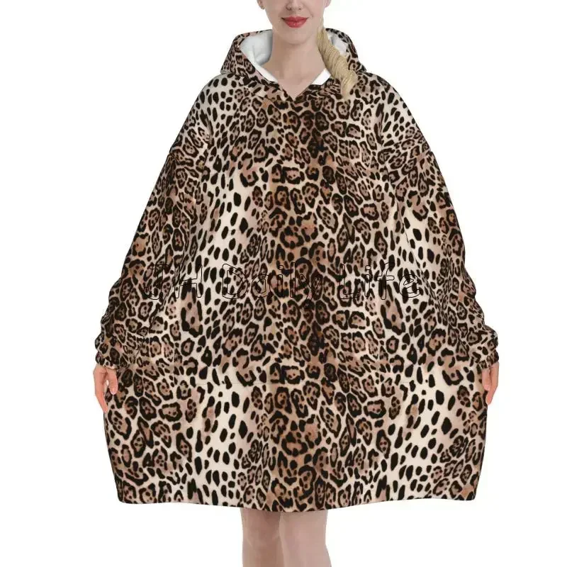 Leopard Oversized Blanket Hoodie Sweatshirt Cheetah Print Wearable Fleece Pullover Warm Cozy Microfiber Fleece Sherpa Blankets