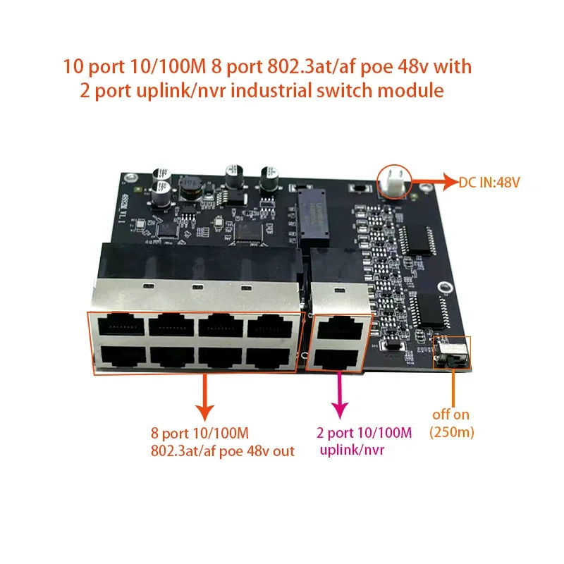 10 port 10/100M 8port 802.3at/af poe in/out 48v with 2port uplink/nvr industrial switch module