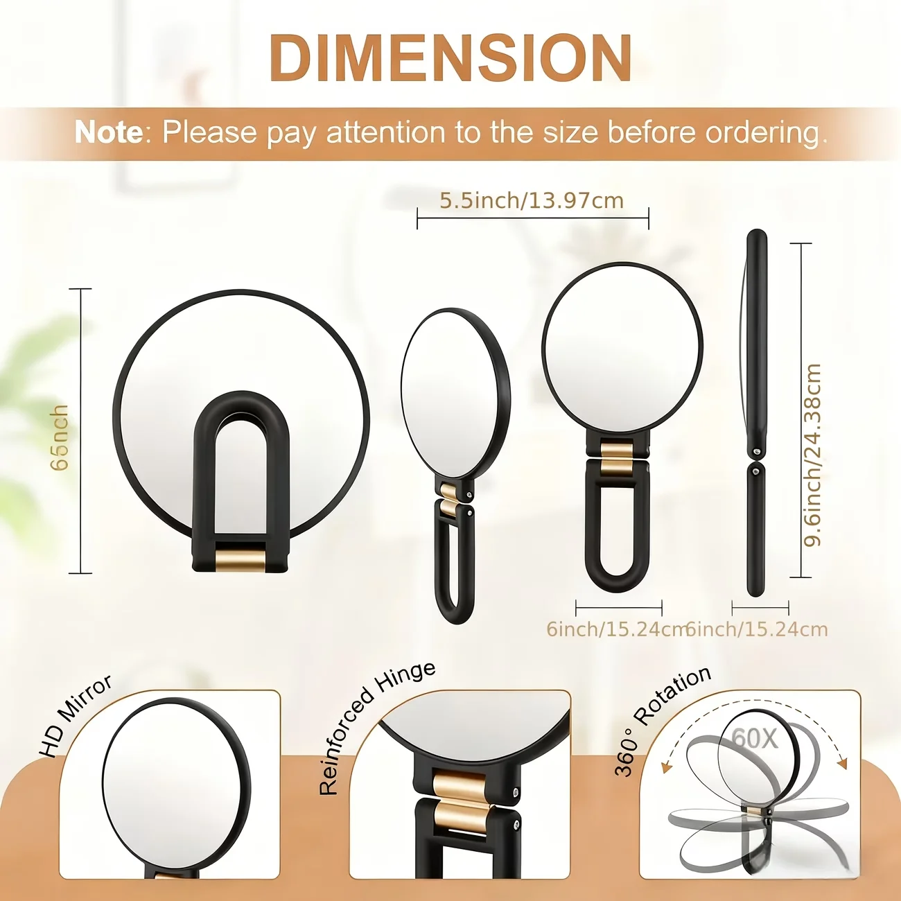 60-fach doppelseitiger Handspiegel, 1x/80x HD-Schminkspiegel, ABS-Klappspiegel für Schreibtisch & Aufhängung für Zuhause, Büro und Reisen – Detail 7