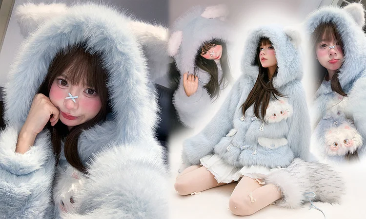 2025 Winter New Soft Girl Sweet Cute Cat Loose Buttoned Blue Thickened Warm Casual Comfortable Hooded Padded Jacket