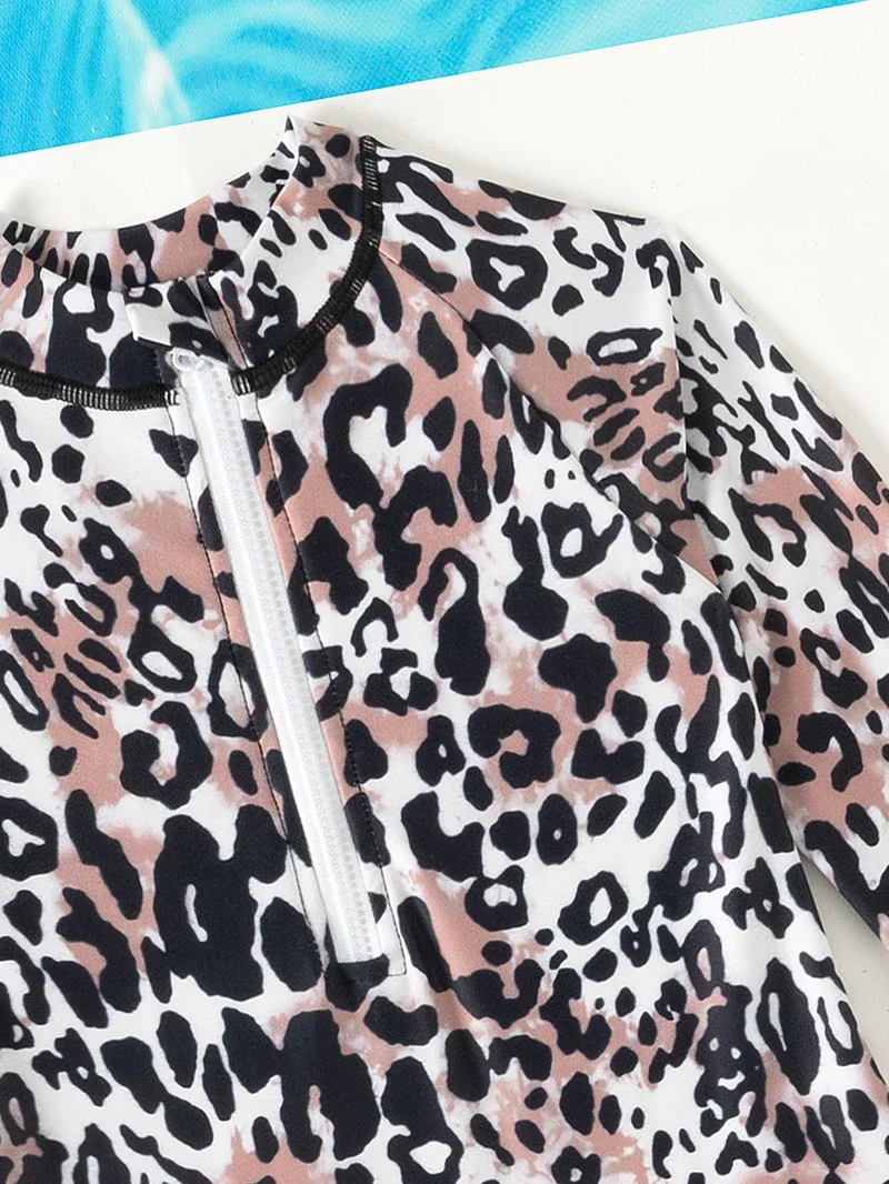 Leopard Swimming One Piece Suit for Girls 2-8 Years Children Swimwear Long Sleeve Beach Swimsuits Kids Bathing Suits Hot Spring