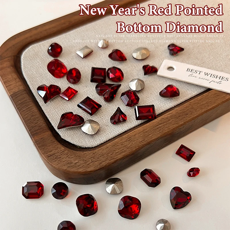 5 Pcs Multiple Shapes Red Nail Gems Pointed Bottom Rhinestones Nail Crystal Diamond Mixed Luxury Glass Rhinestones Charms Decor