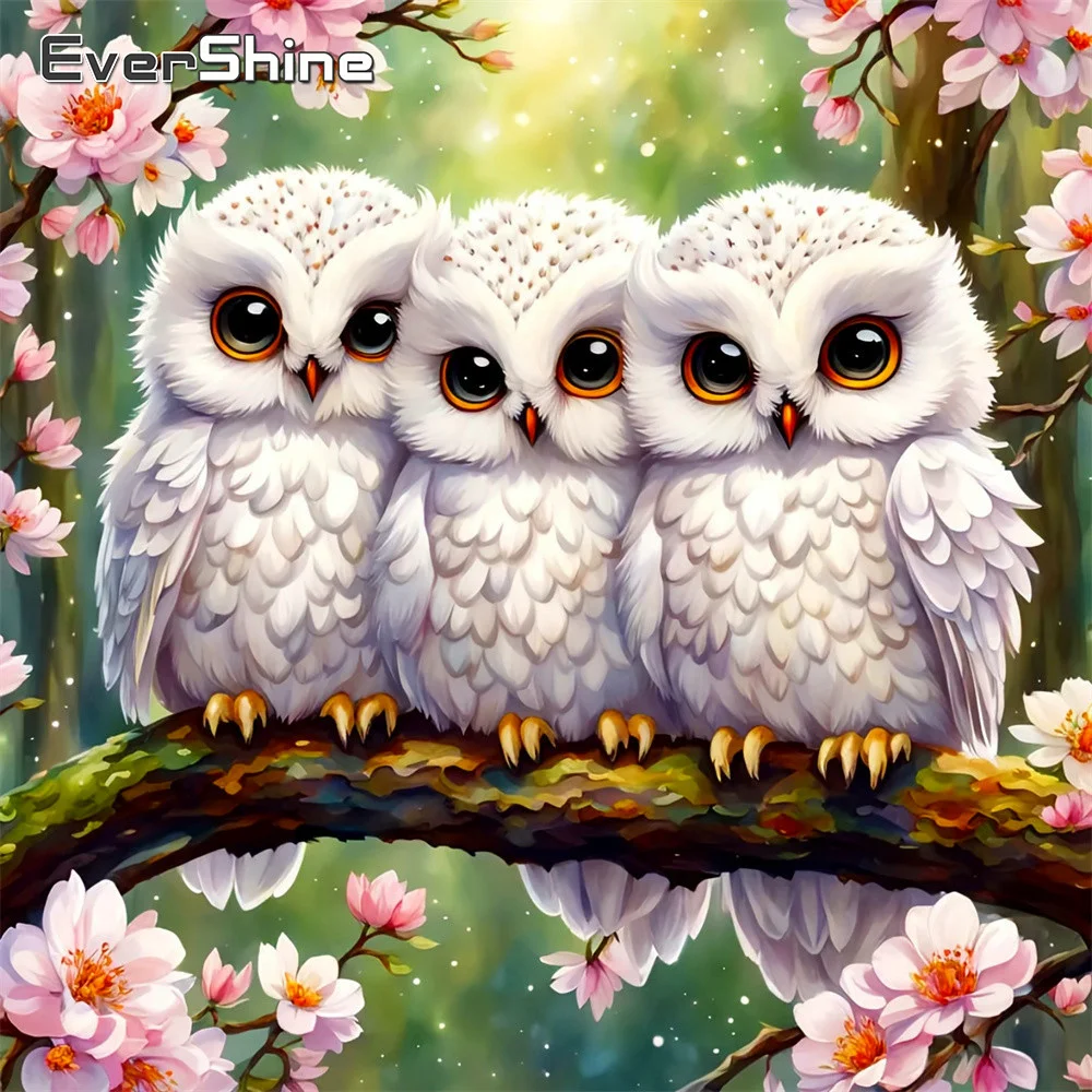 Evershine Diamant-Stickerei, Eulenbild, Strass-Gemälde, Tier, voller Bohrer, Mosaik, Kirschblüten, geeignet für Anfänger