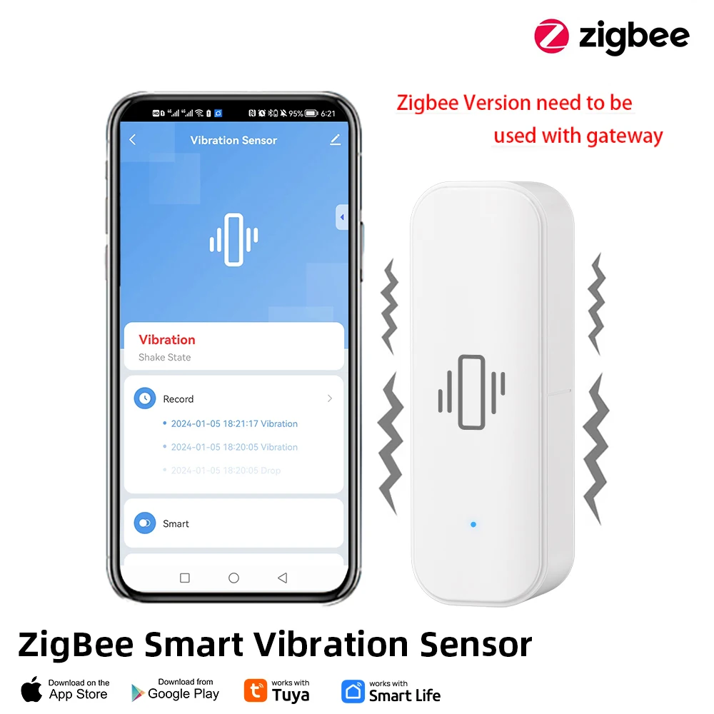 Zigbee Smart Vibration Sensor Detection Tuya Smart Life APP Notification Real-Time Motion Shock Alarm History Record