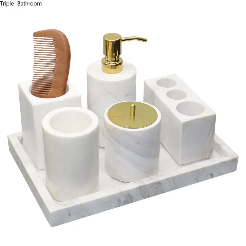 1pc Nordic Marble Material Bathroom Accessories Supplies Soap Dispenser Mouth Cup Toothbrush Holder Soap Dish Cotton Swab Box