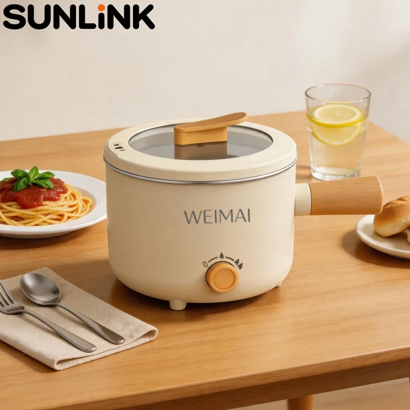 1pc 110V Mini Electric Cooker 1.8L Nonstick Dual Temperature Control Portable Cooking Pot for Noodles Soup Frying Dorm Kitchen