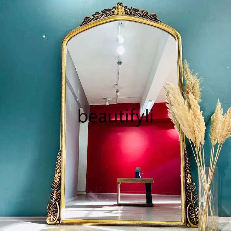 

European-style household wall-mounted floor-to-ceiling mirror cloakroom changing mirror retro arched full-body mirror2936