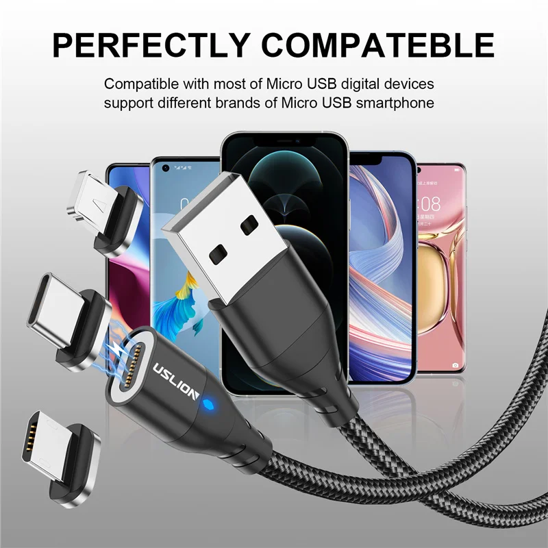 Uslion-Magnetyczny kabel micro USB do szybkiego ładowania telefonu, 3 A, kabel do transmisji danych dla telefonów z systemem Android, ładowarka dla