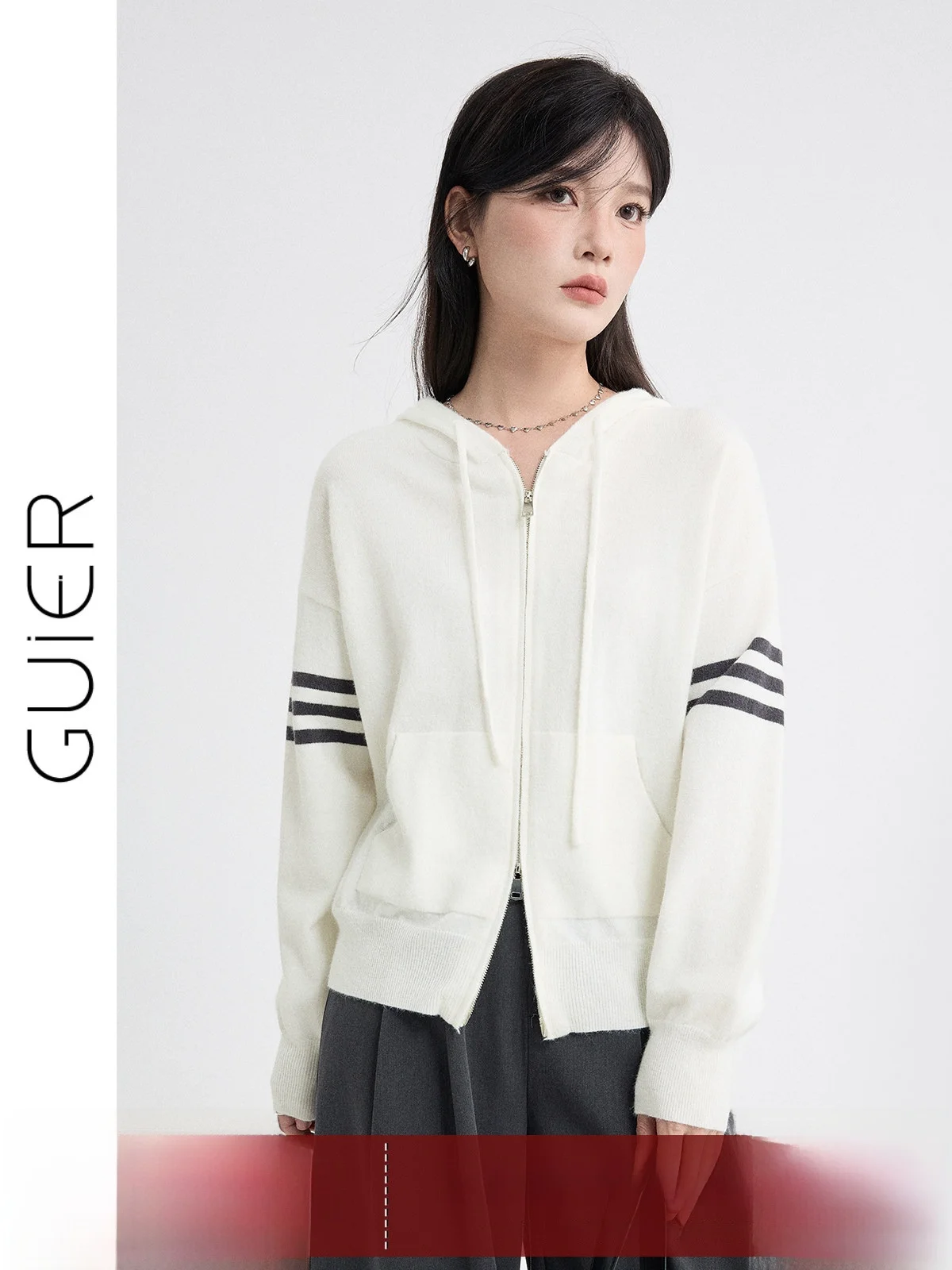 

Вязаный кардиган Guier для женщин, новинка весенней коллекции, с капюшоном, в полоску, с двойной молнией, повседневный, свободного кроя, с длинными рукавами