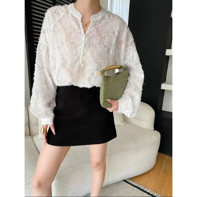 

White Jacquard V Neck Blouse Long Sleeve Button Front Top For Women Elegant Semi Sheer Office Wear Casual Daily Blouse QV6M