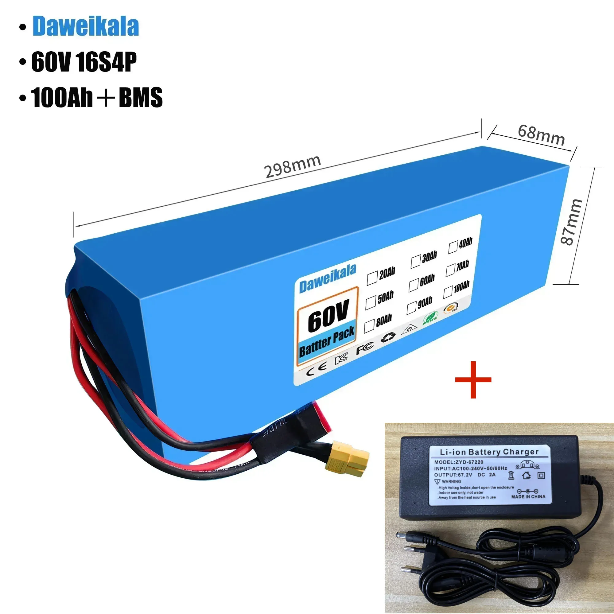 بطارية كهربائية 60 فولت 100000 مللي أمبير 2000 وات، مدمجة 50 أمبير BMS + شاحن 100 أمبير 60 فولت 16s4p بطارية ليثيوم أيون #1