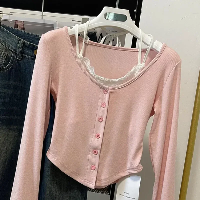 Pink T-shirts y2k Lace Patchwork Pink Crop Top Button Full Sleeve Grunge Fariycore Cute Tee Women Harajuku Korean Chic Pullovers