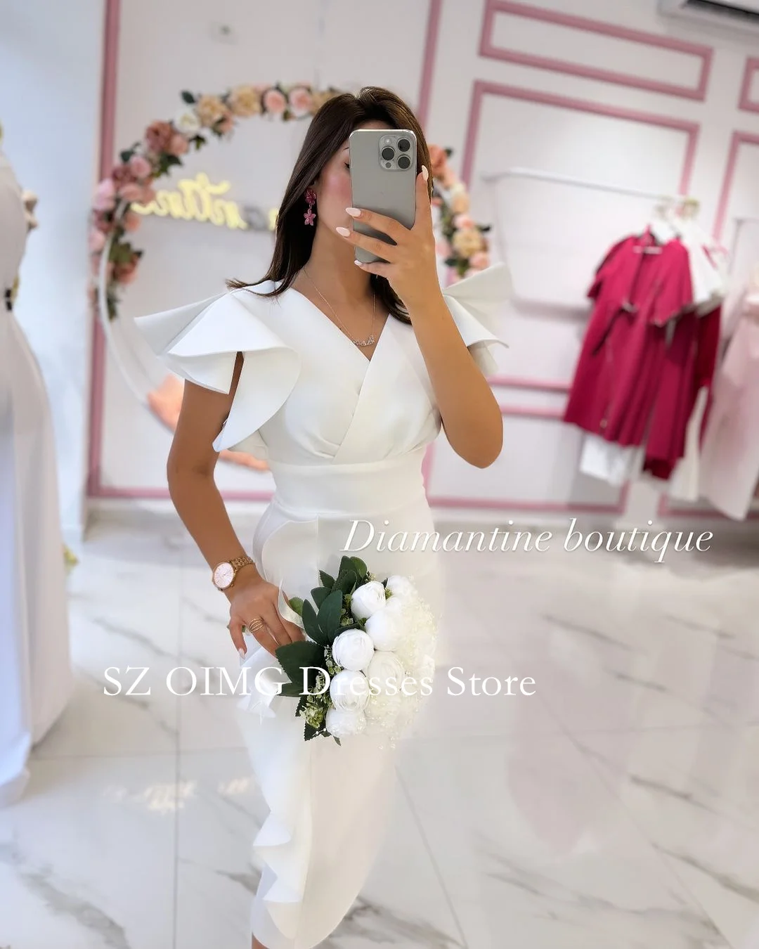 

OIMG 2024 New Summer Women's Maxi White Crepe Satin Prom Dress Ruffles Sleeves Fashion Celebrity V-Neck Short Party Dress