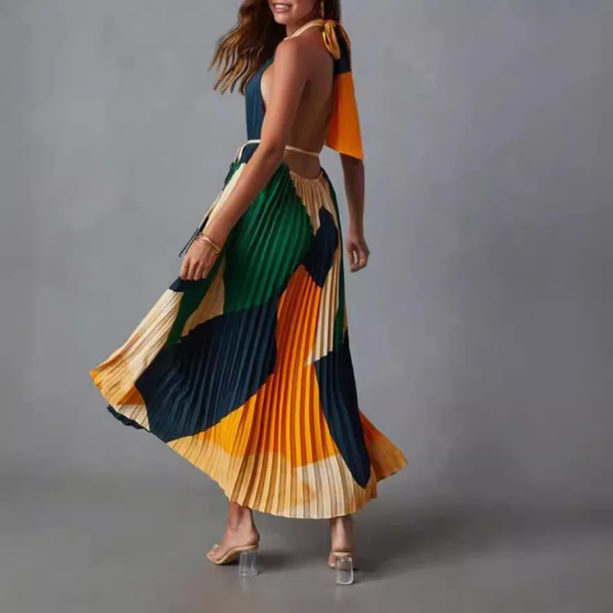

2024 Spring/Summer New Off Back Tie Folded Printed Organ Pleated Dress
