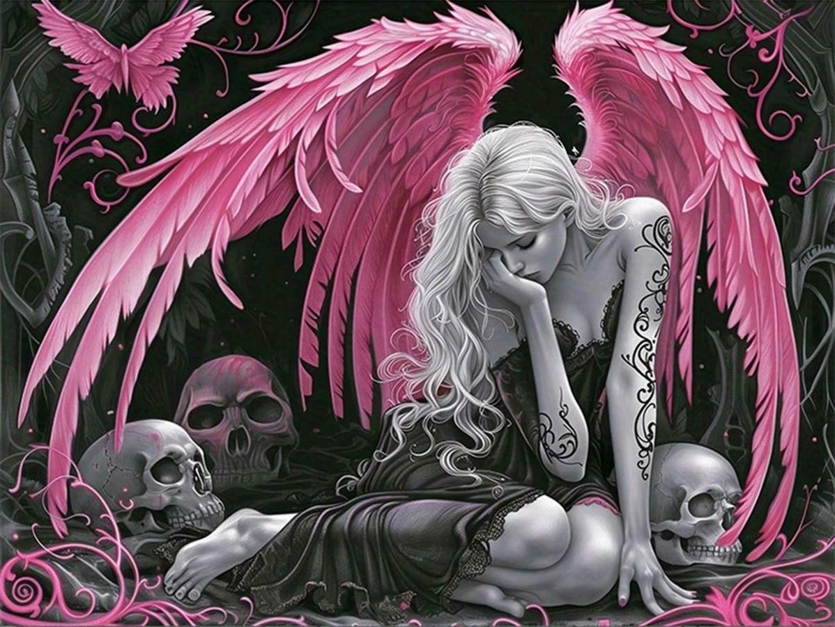 Kit de Pintura de Diamantes 5D con Diseño de Calavera de Ángel Caído con Alas Rosadas Góticas - Bordado DIY, Punto de Cruz, Decoración de Pared de Estilo Fantasía Oscura