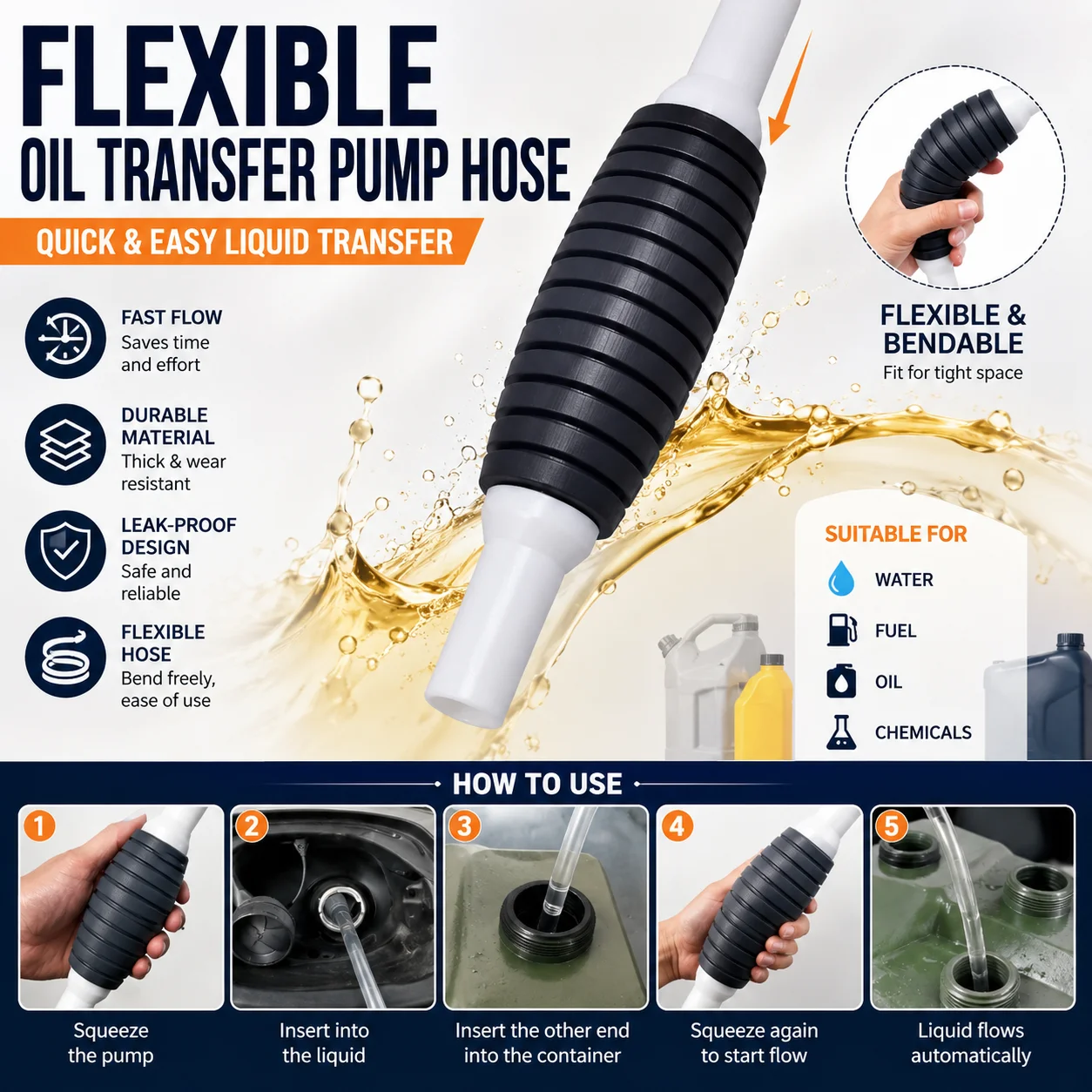 Portable Manual Siphon Pump Kit Flexible Fuel Transfer Hose for Gas Oil Water Diesel Car Boat Garage Tool