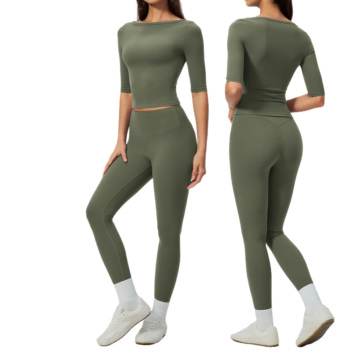 Pers LOGO Custom Women's Fashion Medium Sleeve T-Shirt Yoga Tight High Waist Peach Hip Sports Fitness Clothing Two-piece Set