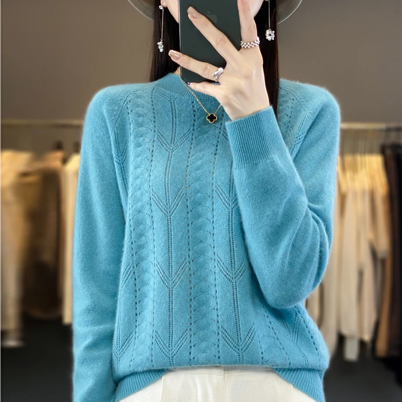 Autumn and Winter 2023 New Women\'s Half High Collar Pullover 100% Merino Wool Knitted Top Casual Loose Cashmere Sweater