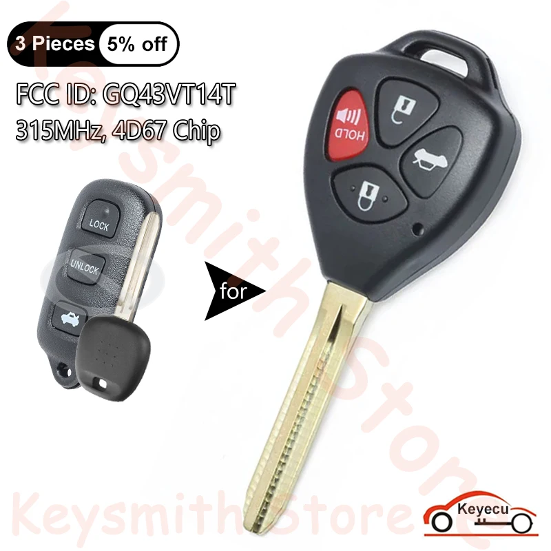 KEYECU 315MHz 4D67 Chip Remote Car Key Fob 4 Button for Toyota Camry Corolla Matrix Sienna Solara, for Pontanic Vibe GQ43VT14T