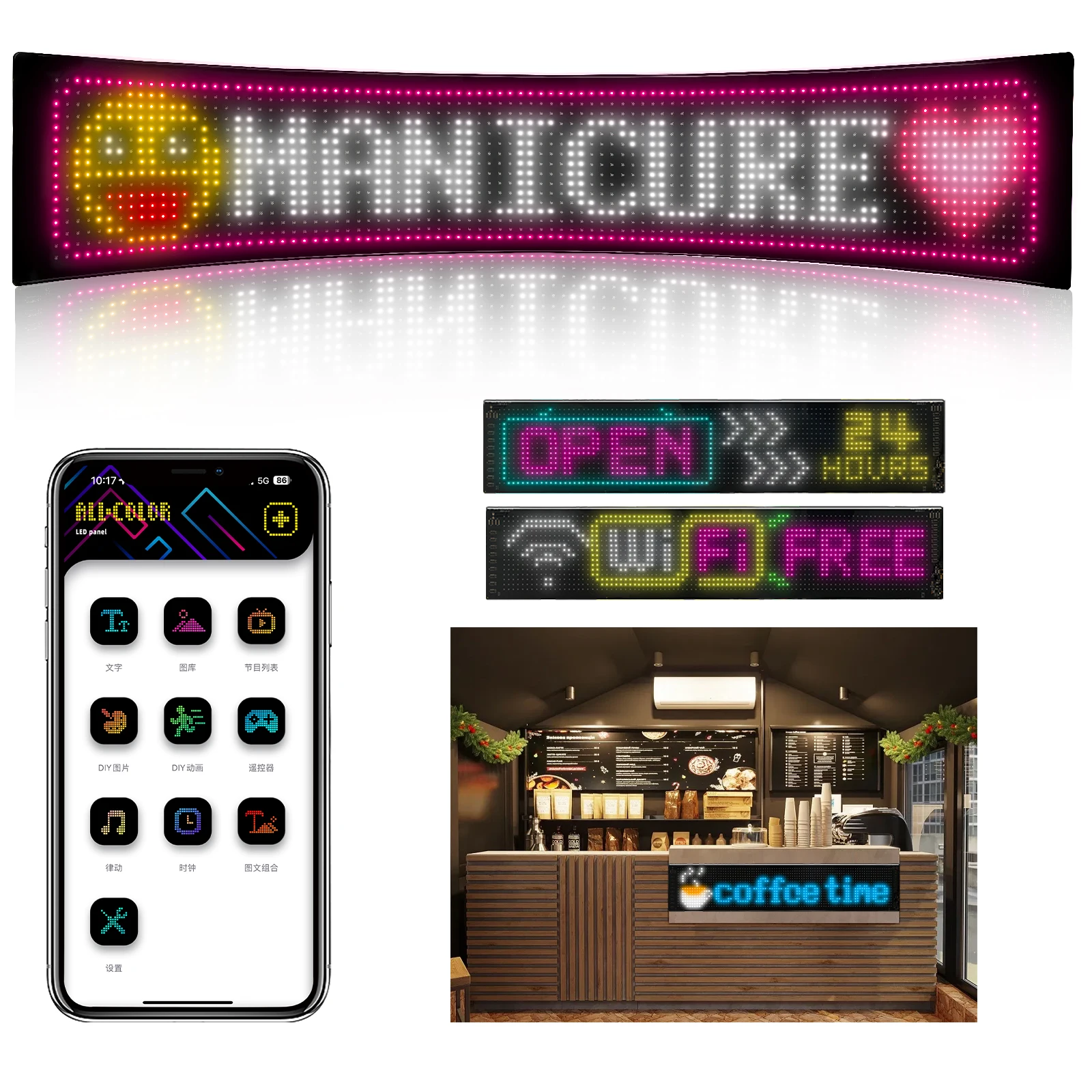 LED Matrix Pixel Panel, Scrolling Bright Advertising LED Signs, Flexible 5V LED Car Sign Bluetooth App Control USB Lights